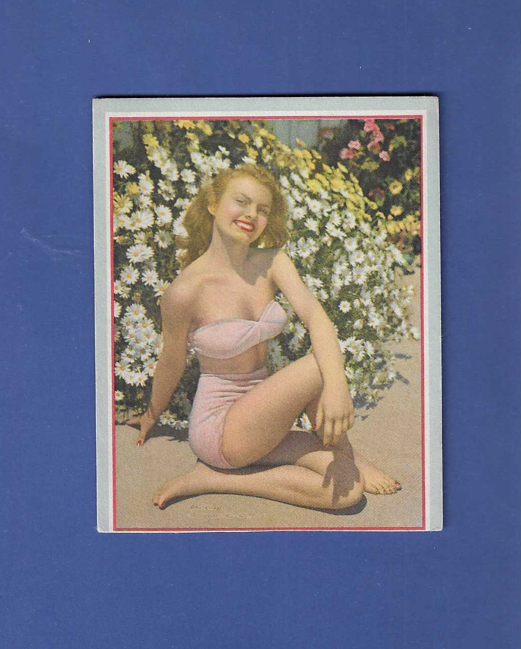vintage 3 1/2″ x 4 1/4″ blotter card colorful smile Woman in swimsuit flowers A1