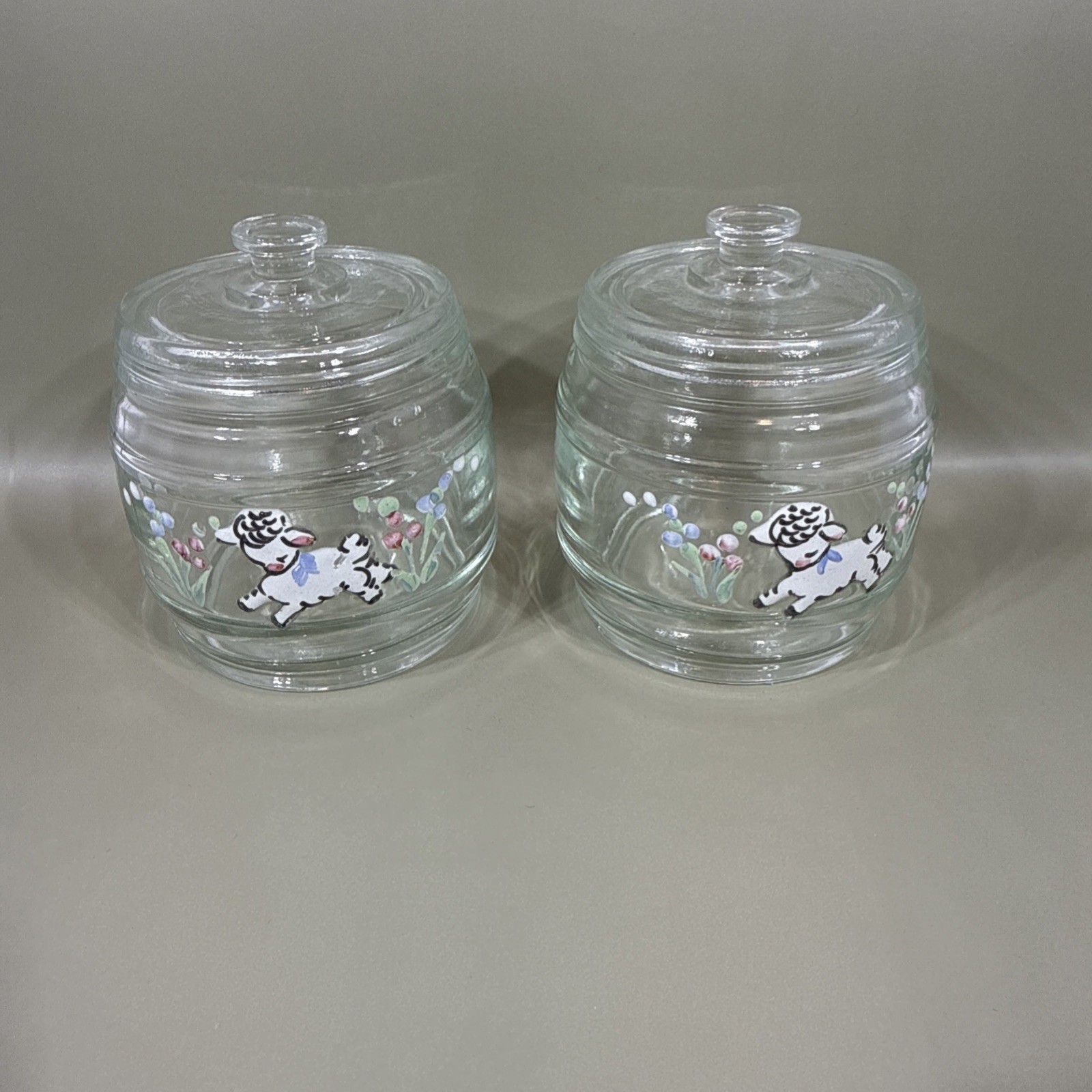 2 Kruger Kewpie Nursery Jar with Lid Hand Painted Sheep Lamb Flowers 50s