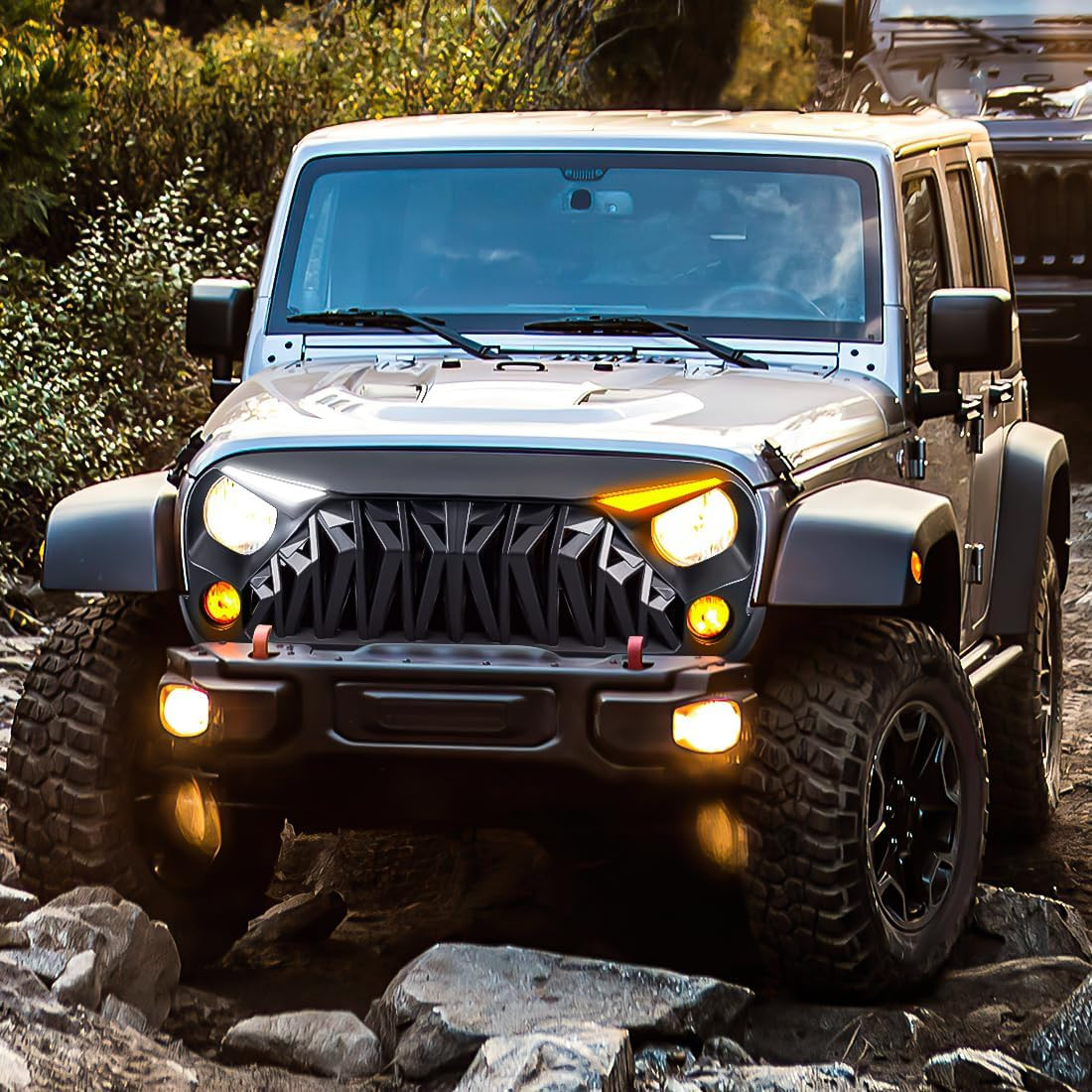 Front Grill Compatible with 2007-2018 Jeep Wrangler JK JKU, Shark Grille W/Drl T