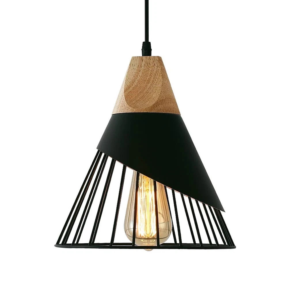 Modern Black Pendant Light Over Kitchen Island, Adjustable Wood Hanging Light…