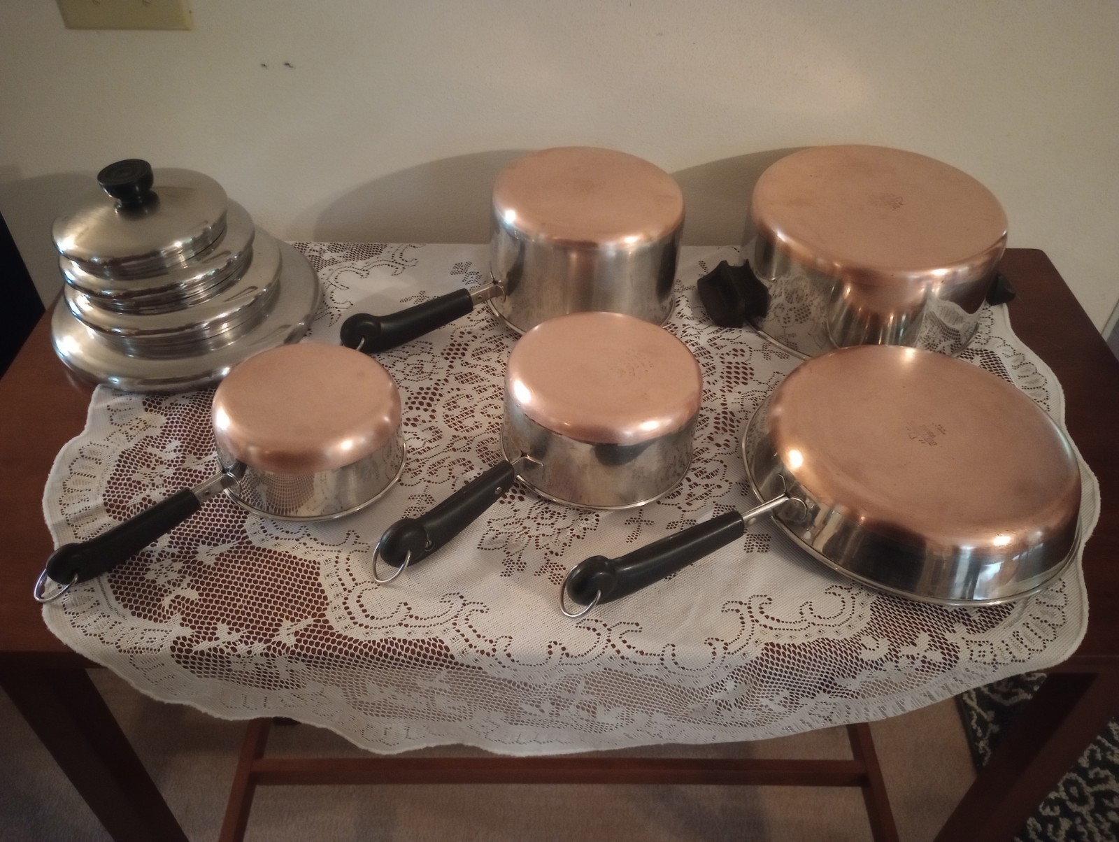 Vtg 1801 Revere Ware 9pcs Copper Bottom Pots 1qt, 1.5qt,3qt, 4.5qt, 10in skillet