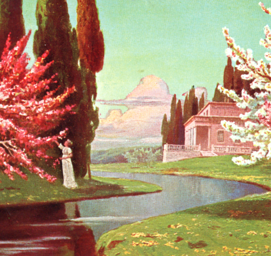 c1912 Spring Garden with Temple Cypress Trees Reichenbach i.V. Germany Postcard