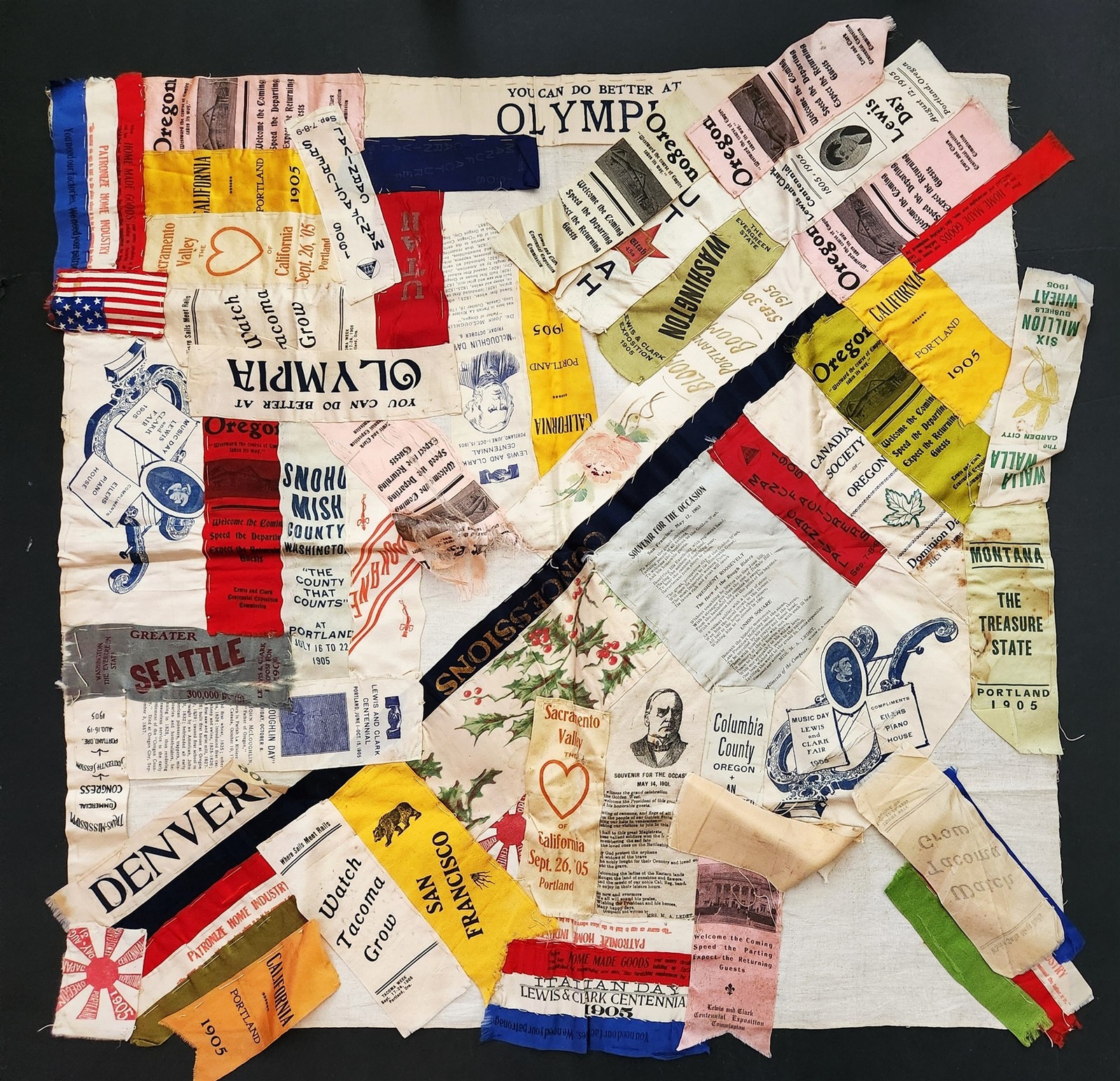 1905 antique LEWIS & CLARK EXPOSITION oregon souvenir RIBBON QUILT BLOCK basted