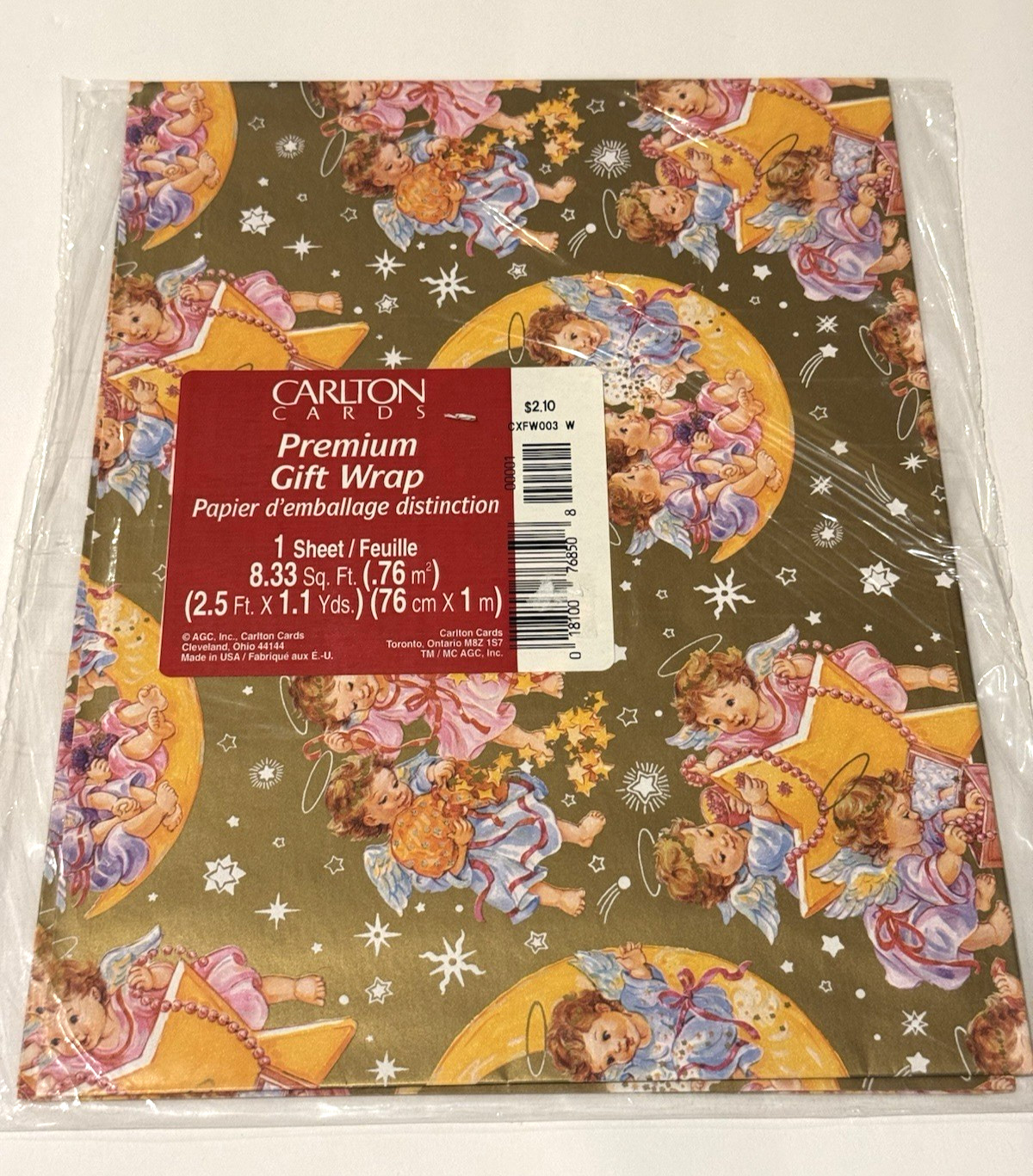 VTG Carlton Cards Flat Gift Wrap Angels Christmas Gold Moon Star Child USA NOS
