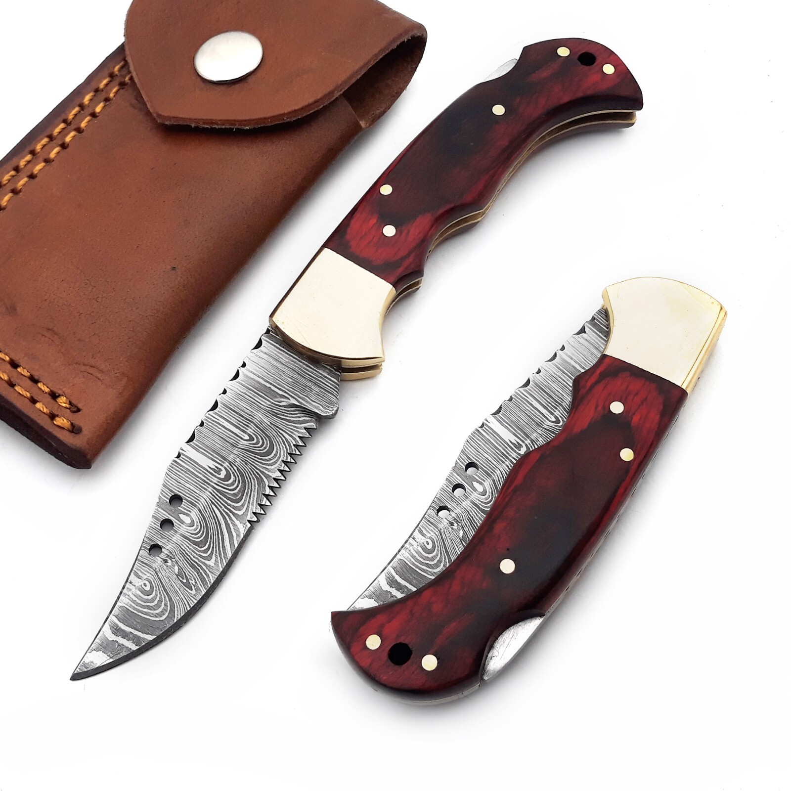 Damascus handmade back lock folding pocket knife camping EDC Hunting Knife Pouc