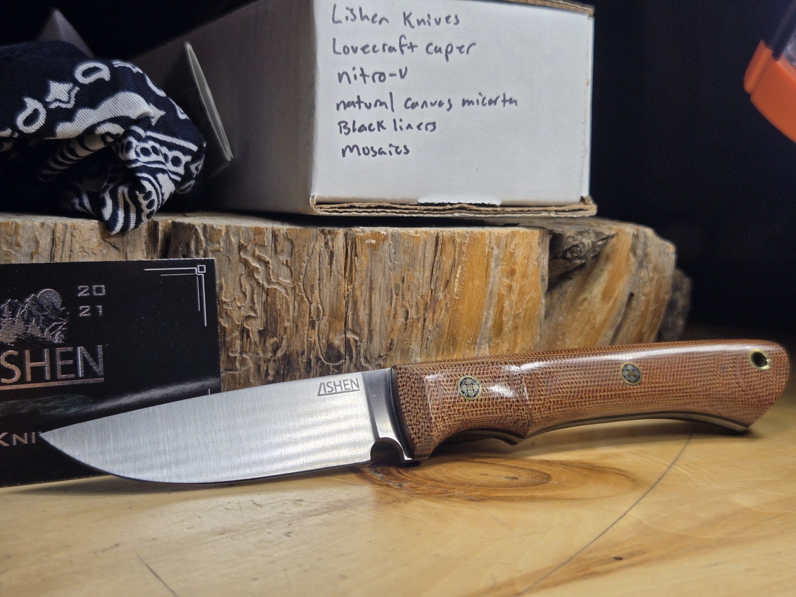 Lishen Knives Lovecraft Caper Nitro V Natural Micarta Blk Liners Mosaic Pins