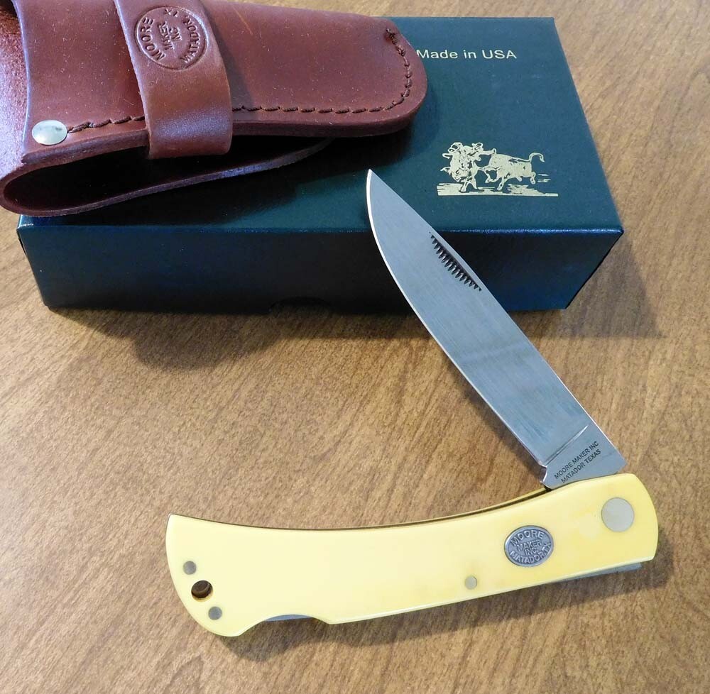 MOORE MAKER New 3103LBB Yellow Sodbuster W/Lanyard Hole Lockback Knife/Knives