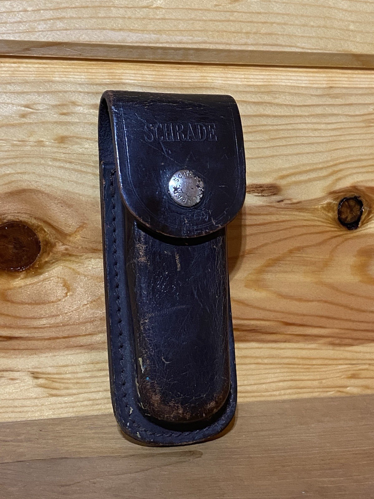 VINTAGE SCHRADE USA DARK BROWN LEATHER SHEATH ONLY – BUTTON SNAP / BELT LOOP