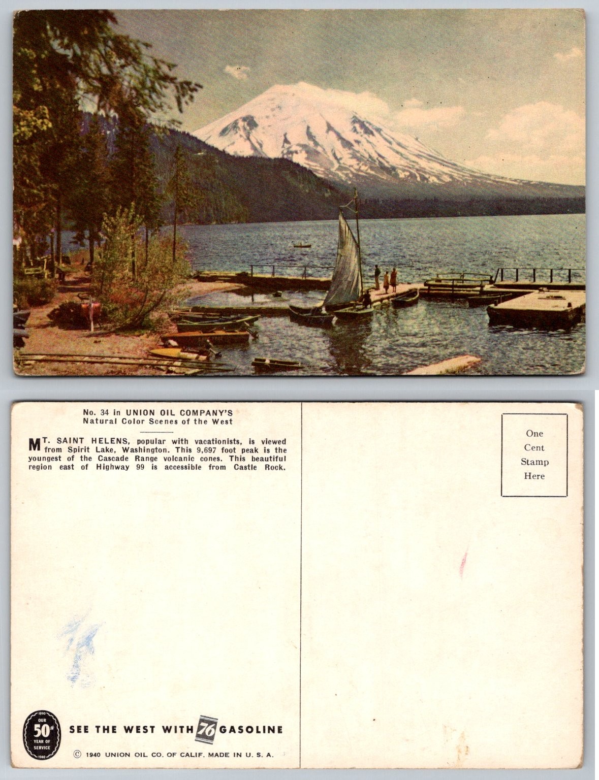 Mt. St. Helens Spirit Lake Washington 1940 Union Oil 76 Gasoline Postcard