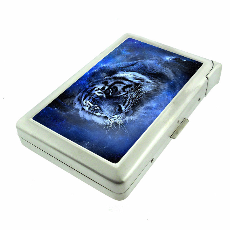 Blue Tiger Em2 100’s Size Cigarette Case with Built in Lighter Metal Wallet