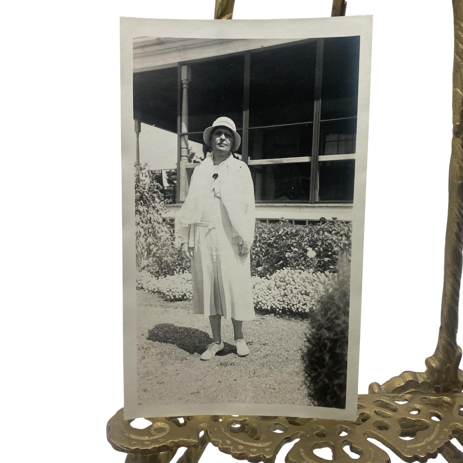 Vintage Woman Garden Porch Portrait Dress Photo 3.5×5.5 B&W Gelatin Orig