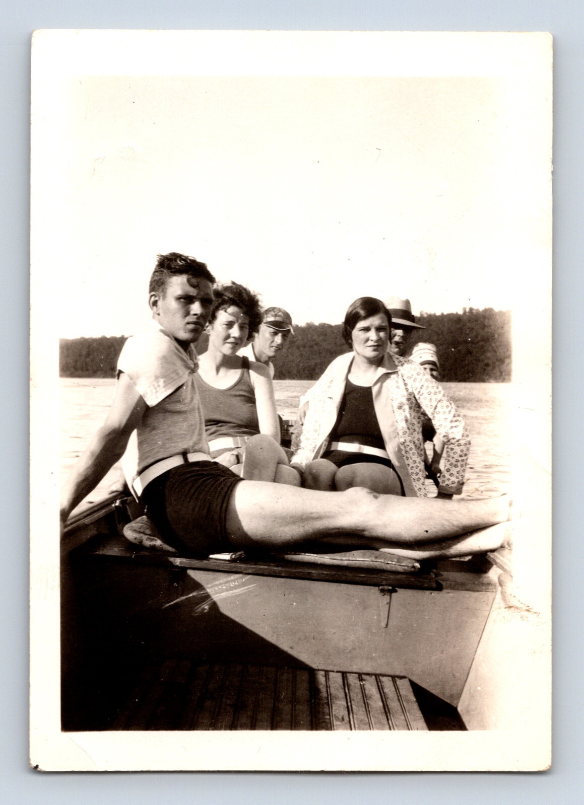 Vintage Photograph Young Adults in Boat Man w/ Strong Muscles in Legs