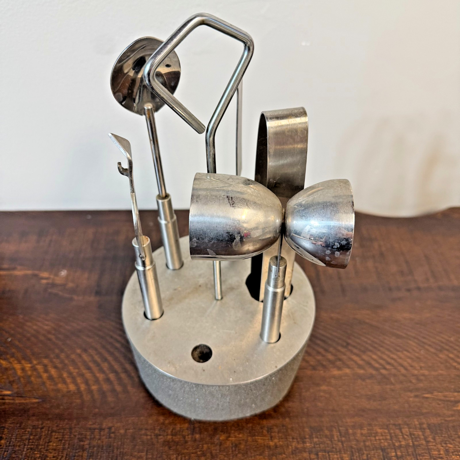 Vintage MCM Bar Tool Set with Handle, Five Piece Set Stainless Steel, Tool Stand