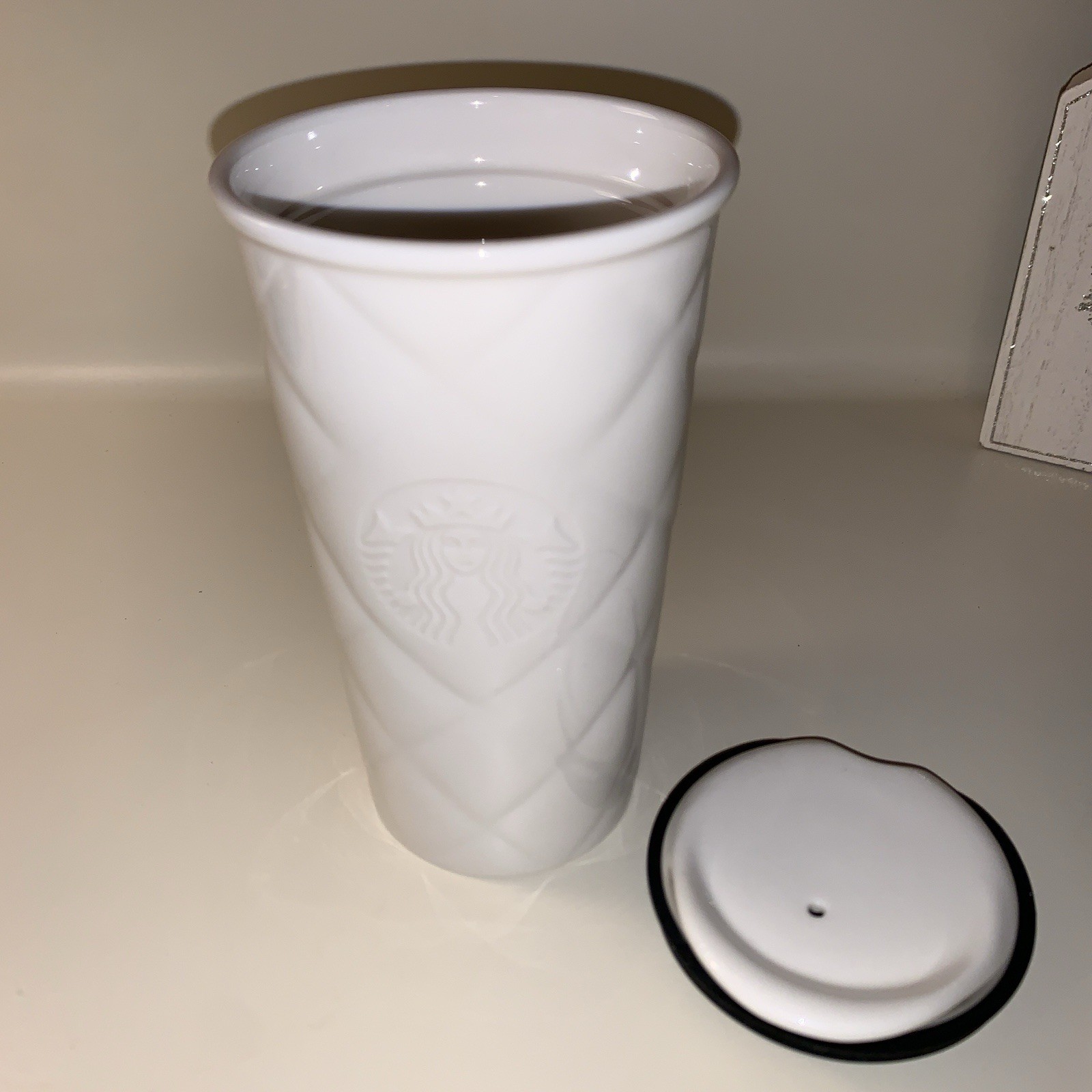 Starbucks Ivory Ceramic Tumbler w Lid Quilted Embossed Pattern Siren 2012