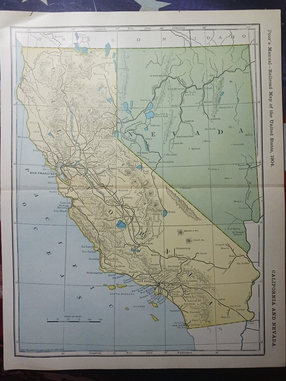 1904 dated Railroad Map CALIFORNIA NEVADA All Lines & Train Routes 11″x9″ color