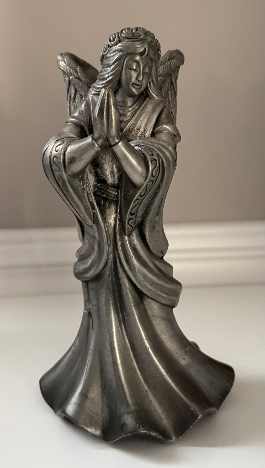 Vintage Pewter Silver Praying Angel Candle Holder Candlestick 7″ x 3.5″