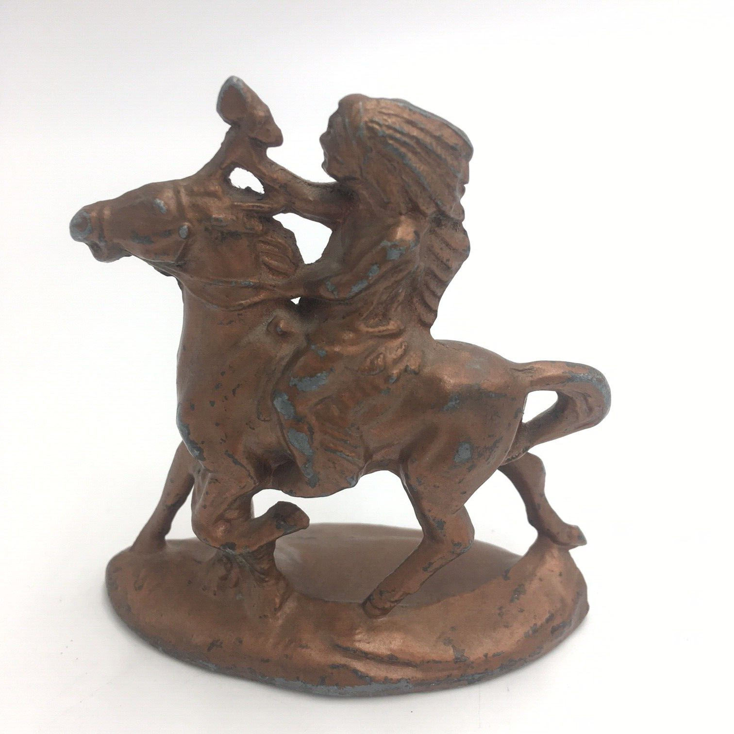 Native American Statue Metal Indian on Horse War Bonnet Tomahawk 3 1/2″ Patina