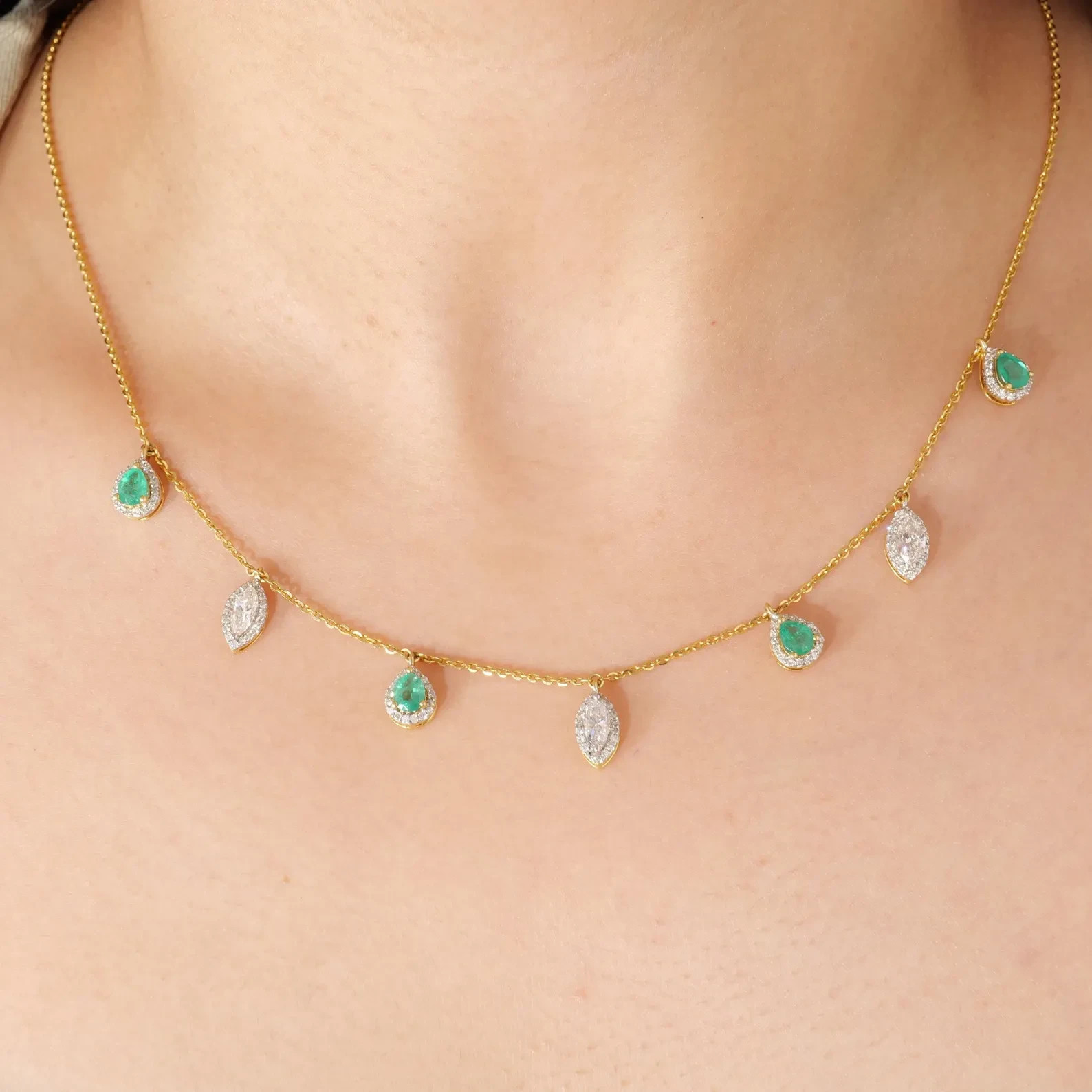 Emerald & Diamond 18K Yellow Gold Over Halo Drop Station Chain Necklace 18″ Long