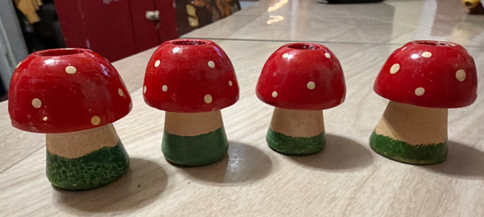 Vintage Swedish Red Mushroom Candle Holders Qty 4 Hand Painted Sweden 1.75″ Tall