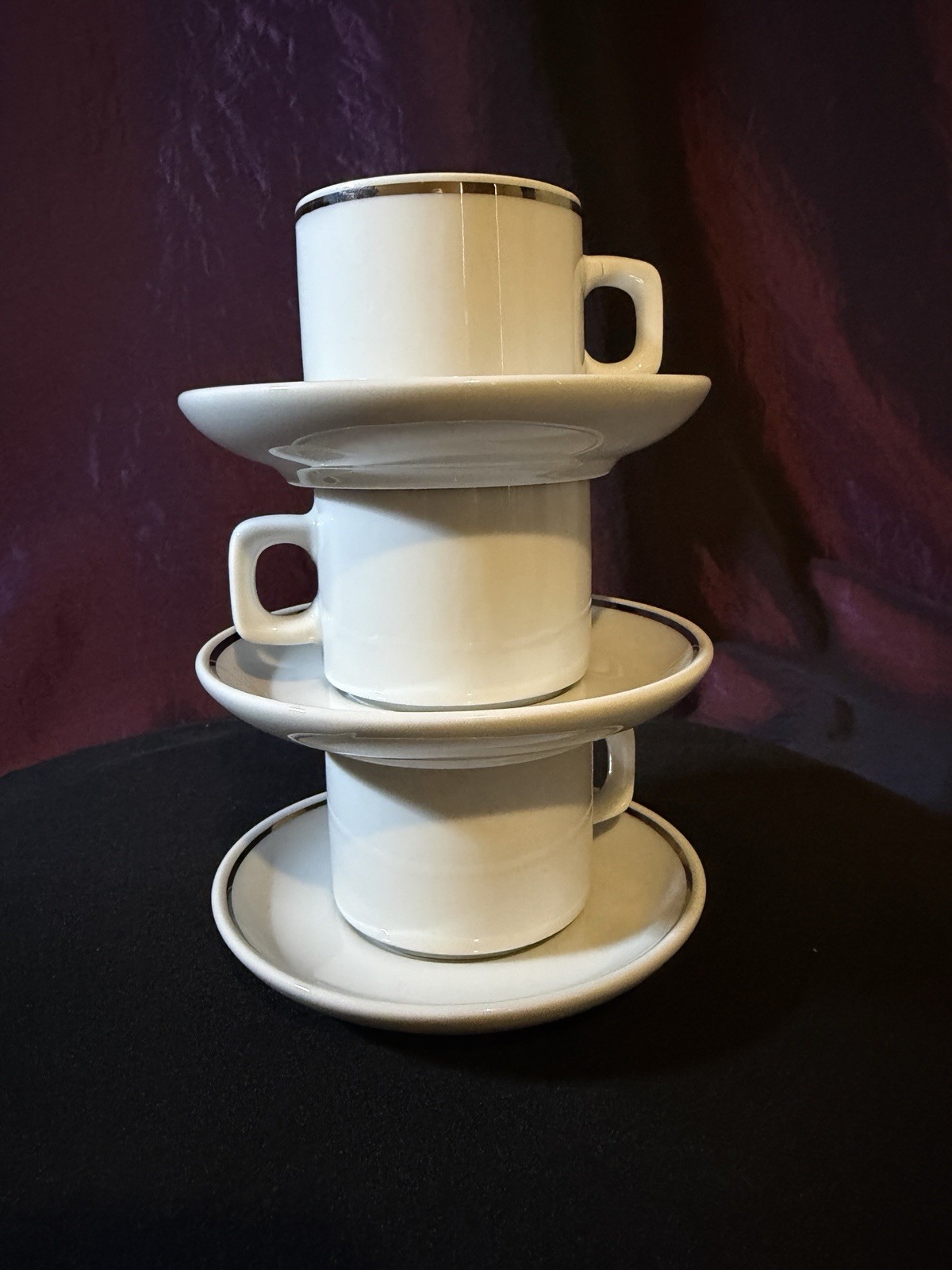 Vintage Fine Porcelain w/Platinum Gilt Espresso Cups and Saucers – Pair & Spare