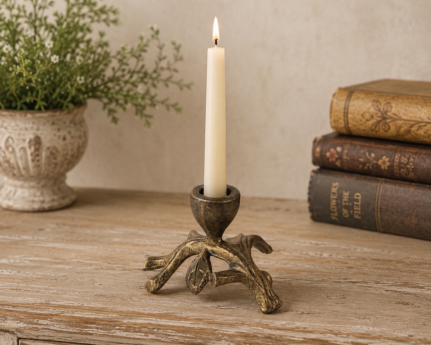 Antique Gold Metal Branch Leaves Candle Holder Vintage Style Candle Holders 5”