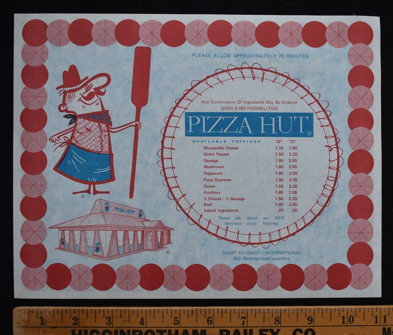[ 1960s – 1970s PIZZA HUT Paper Placemat – Pizza Hut Pete Mascot – Vintage ]