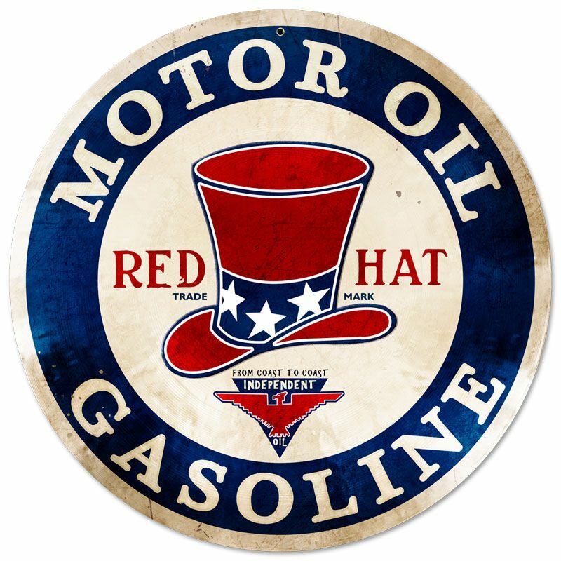 RED HAT MOTOR OIL GASOLINE 14″ ROUND HEAVY DUTY USA MADE METAL ADVERTISING SIGN