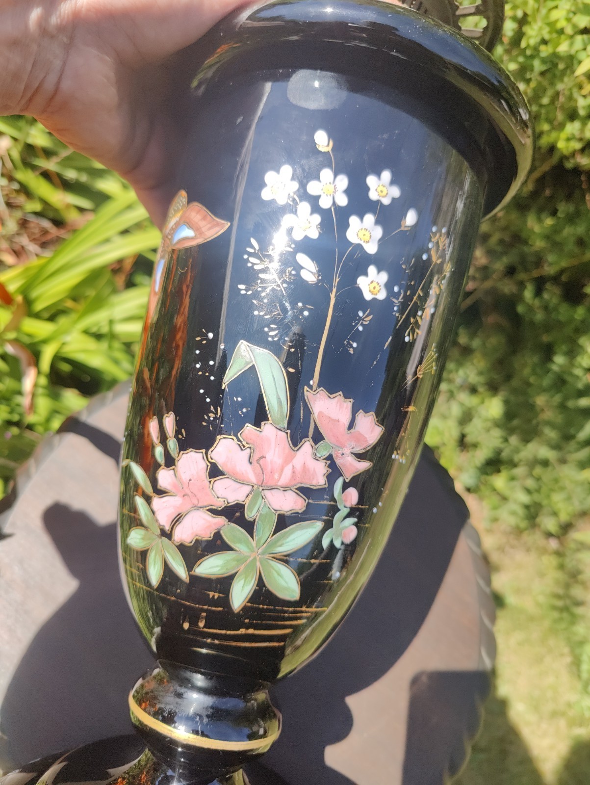 Original Victorian Famille Noire Enamel Decoration Butterflies Drop In Font Perf