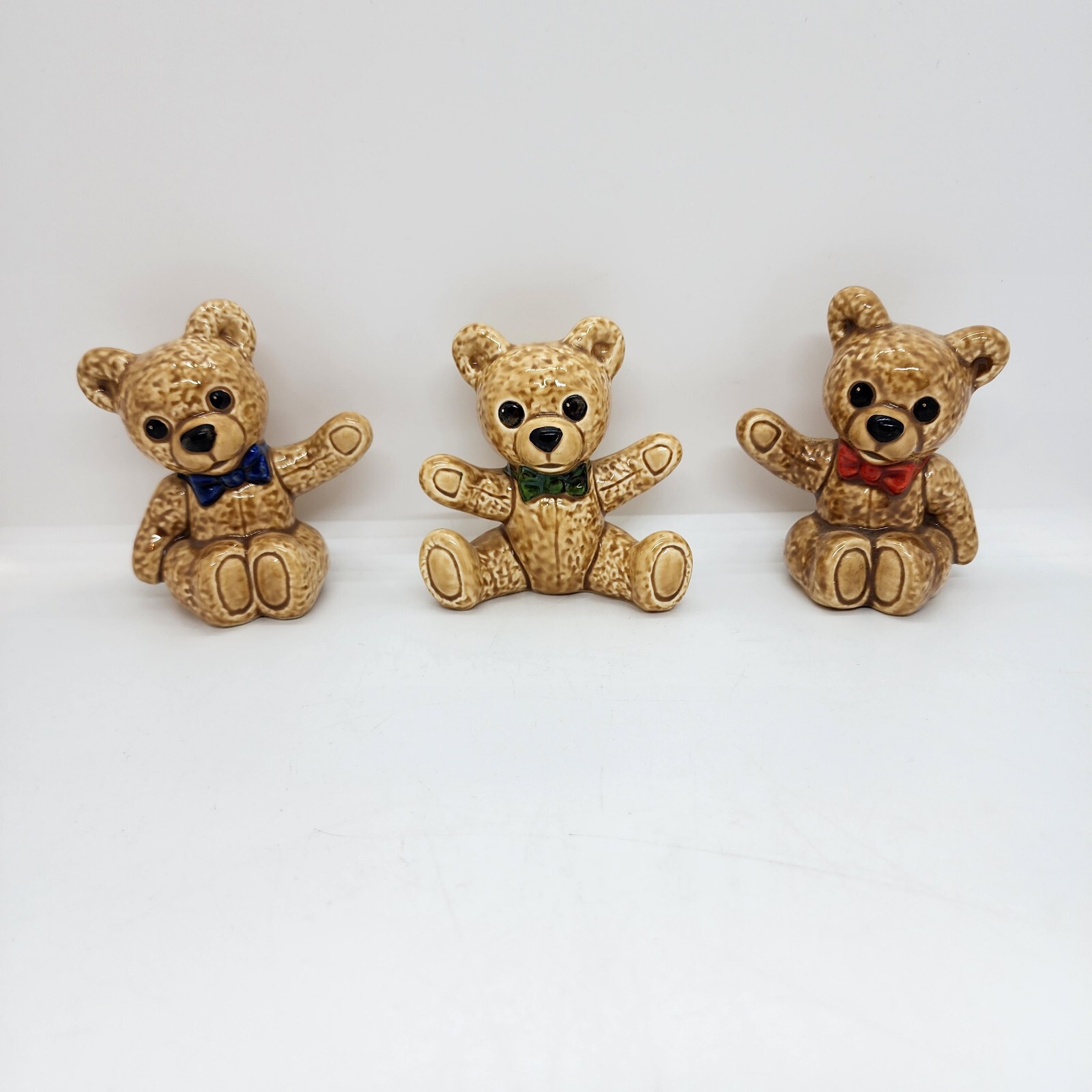Goebel W Germany 3 Light Brown Teddy Bears Blue, Green & Red Bow Figurines