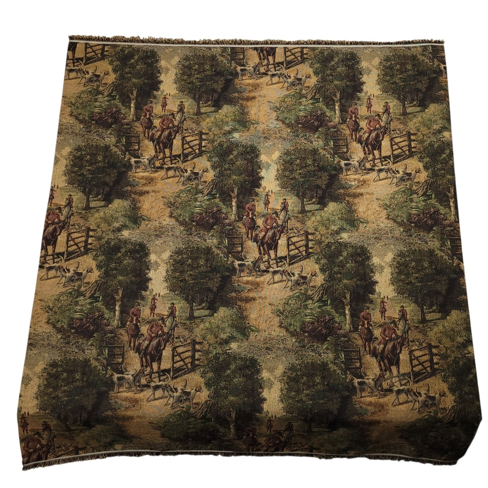 Vintage Equestrian English Hunt Scene Tapestry Fabric 96×52 Ralph Lauren Style