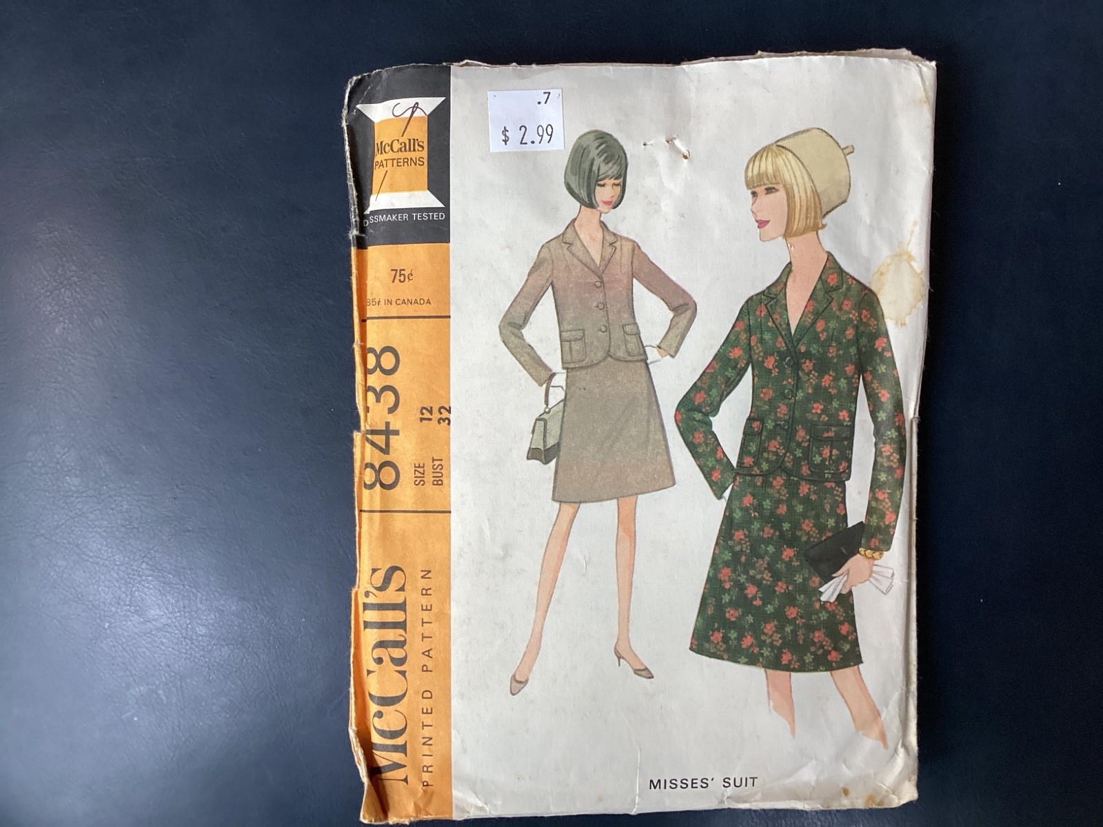 McCall’s 8438 Misses Two Piece Suit w Collar Sz 12 VTG 1966 Cut
