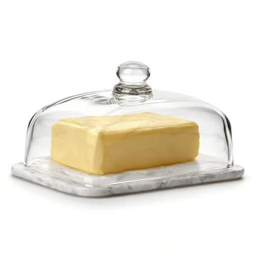 Marble Butter Dish with Glass Lid,Classic Covered 2-Piece Stone Butter