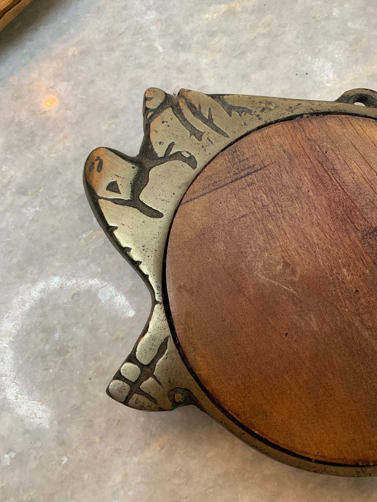 Antique-Vintage Cast-Iron/Steel/Wood/Wooden Fat Pig Hot Plate/Trivet 9″W x 7″T