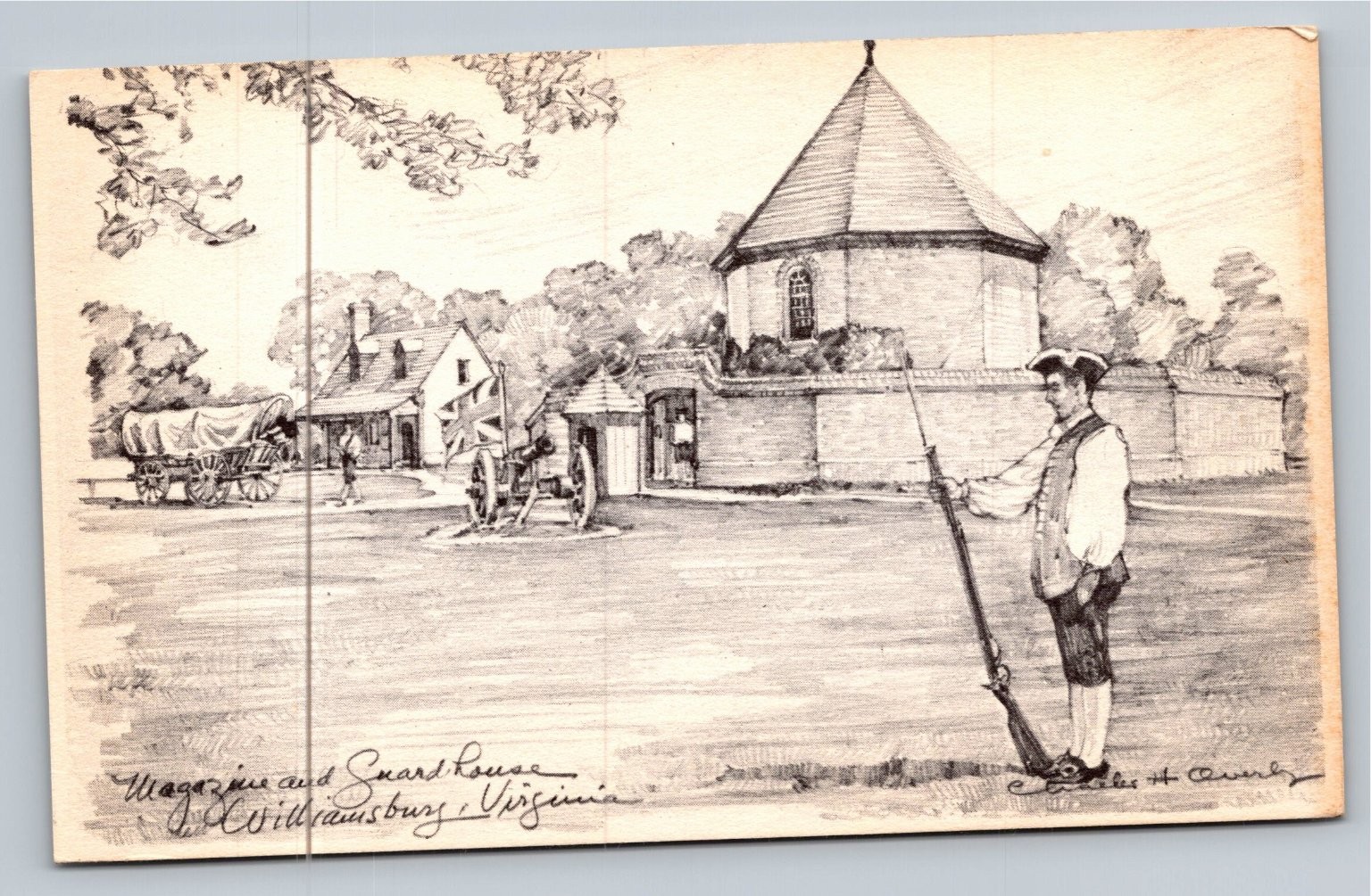 1956 Colonial Williamsburg Magazine Guardhouse Sketch Postcard Charles H. Overly
