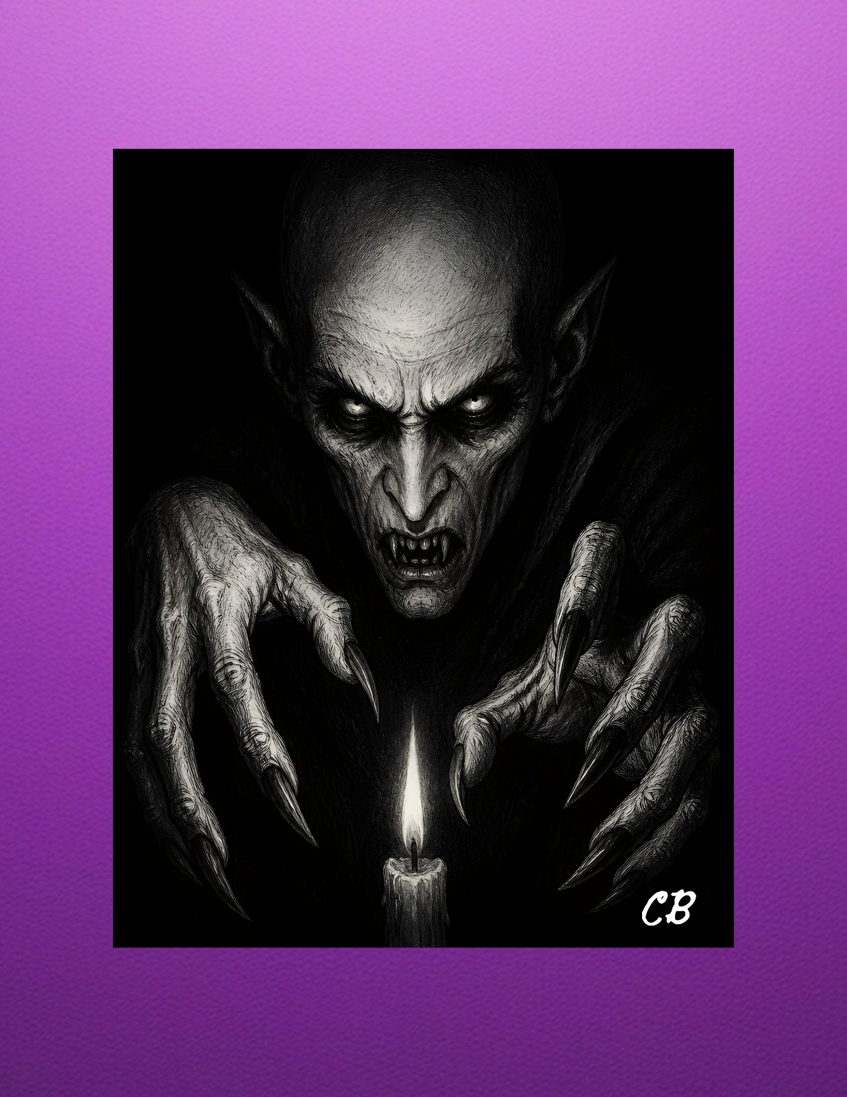 Nosferatu Candle ACEO | Black White Horror Art | Vampire Dark Realism | Signed