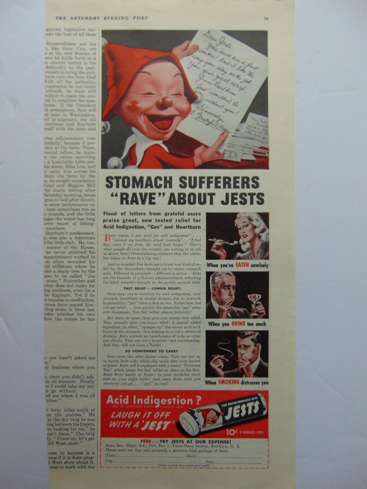 1941 JESTS For Excess Stomach Acid ~magazine print ad
