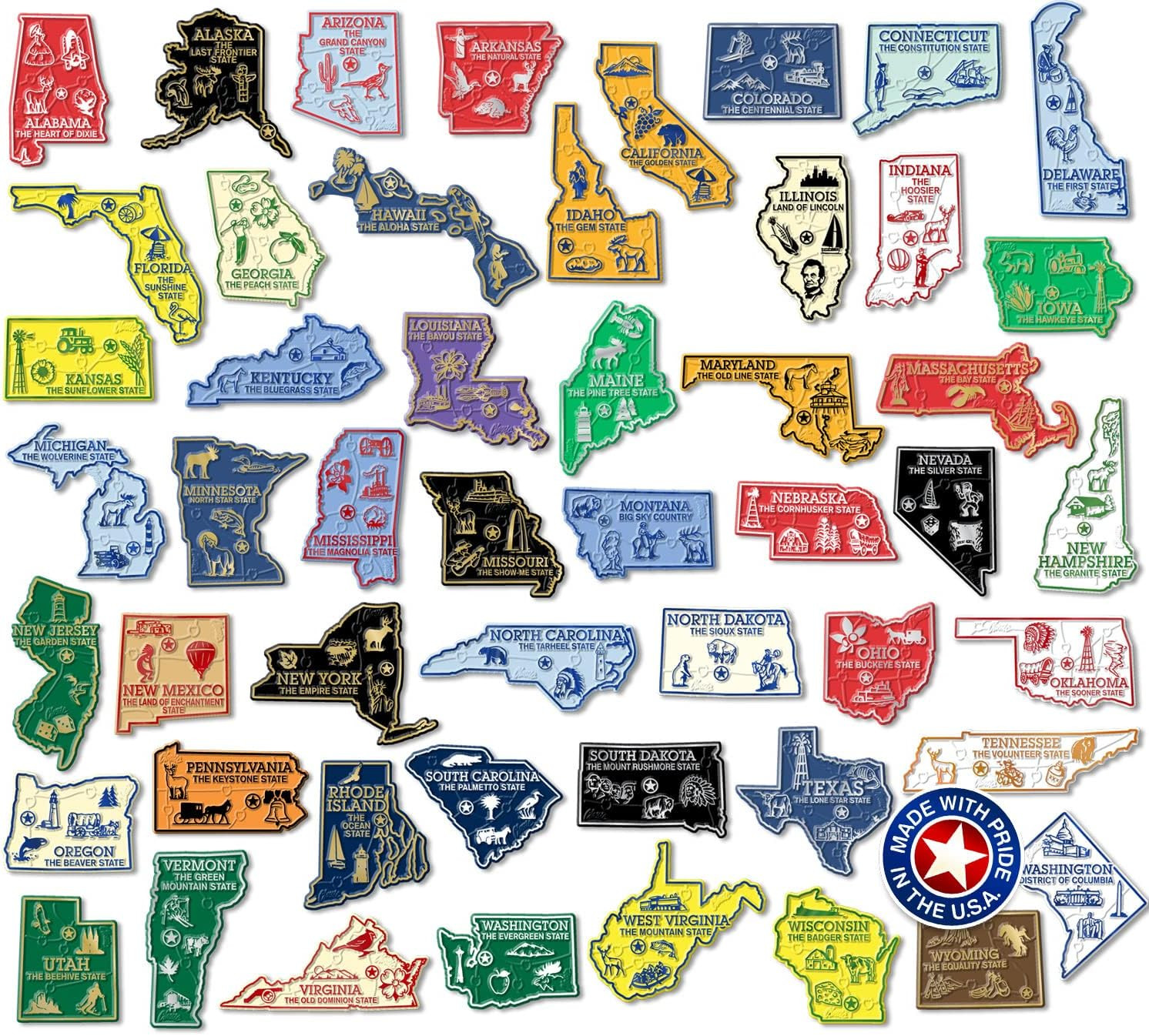 Original U.S. State Magnet Set by Classic Magnets, 3D Rubber Vintage-Style 51-Pi