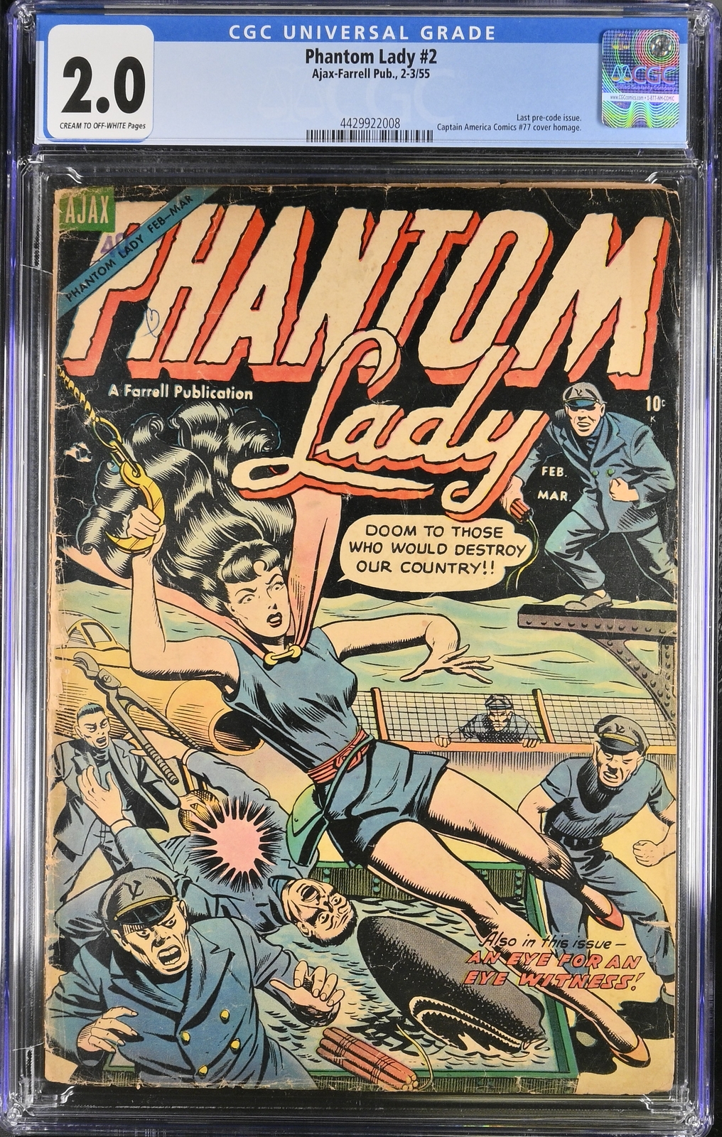 Phantom Lady #2 – Ajax-Farrell Pub. 1955 CGC 2.0 Last pre-code issue.