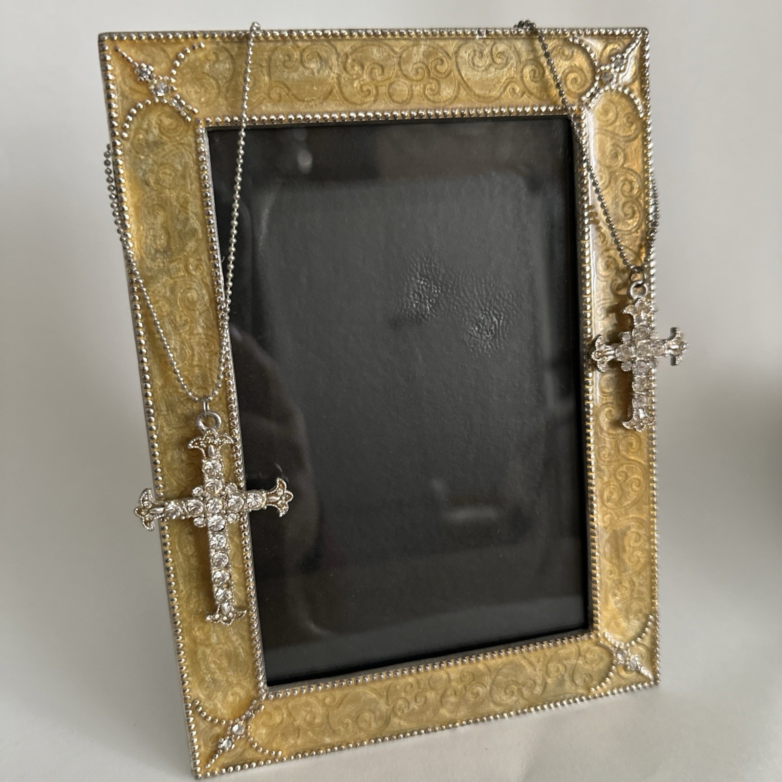 3.5” X 5.5” Photo Frame, Yellow Enameled Metal with Rhinestones Crosses On Chain