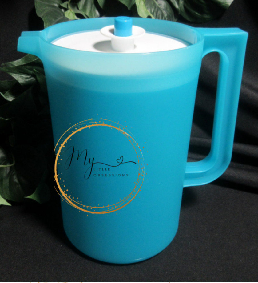 Tupperware NEW Pitcher 2 Qt Push Button Lid Blue Full Handle