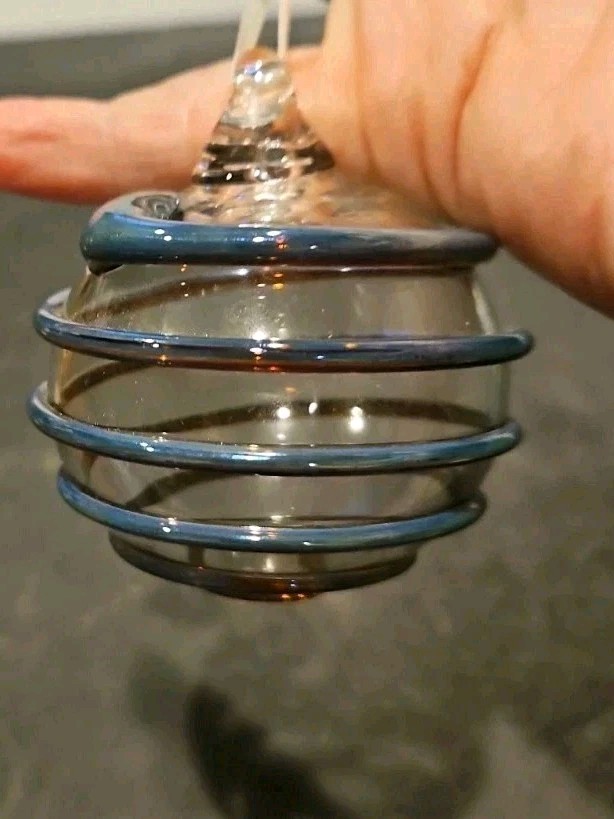 Hand Blown Art Glass Ribbed Blue & Clear Christmas Bulb Ornament 2″