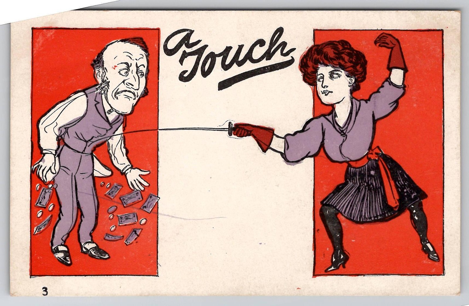 Vintage Comic Postcard A Touch Woman Fencing Man Money Divided Back Edwardian