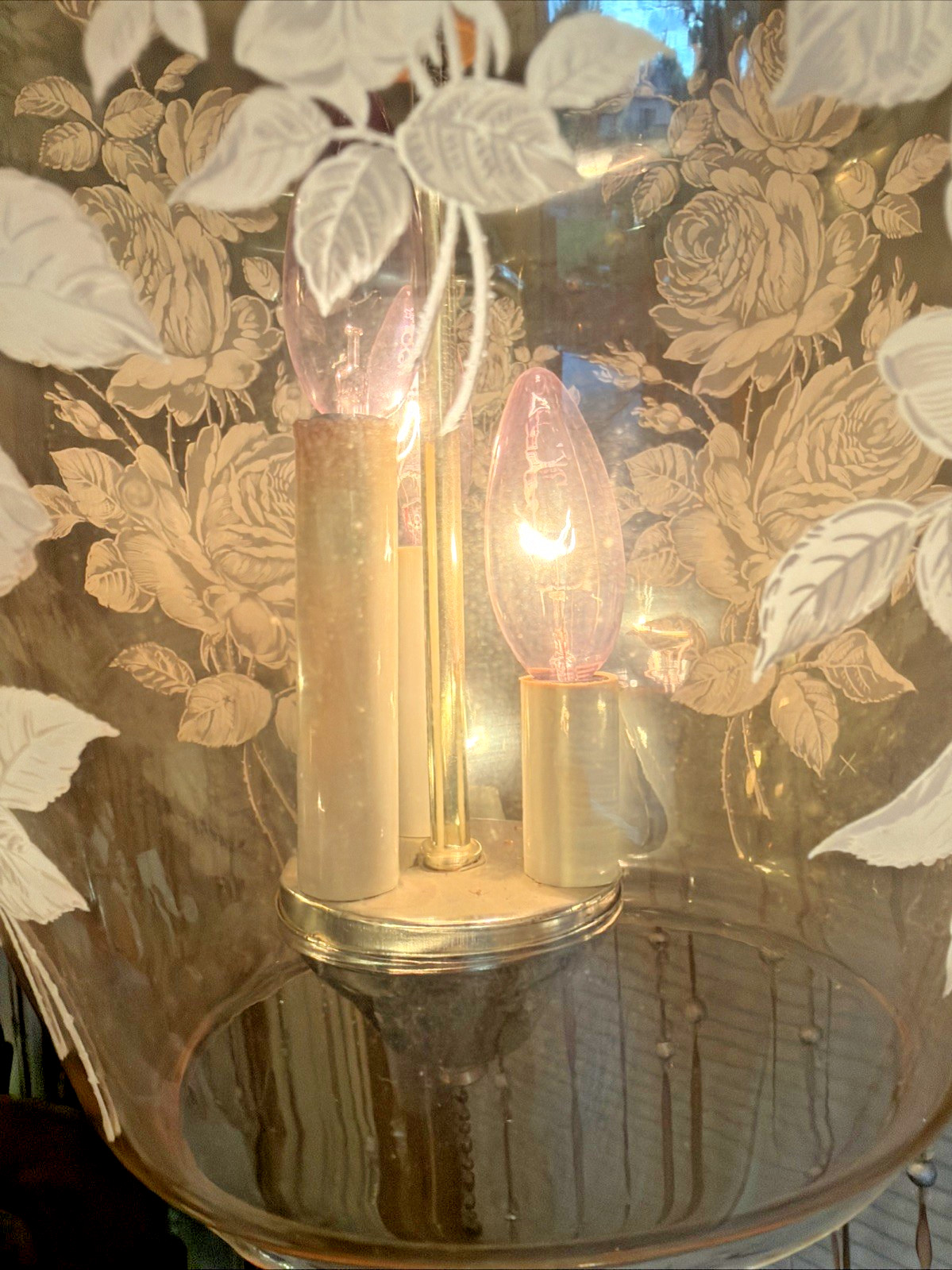Hollywood Regency Swag Lamp Pendant, 1960, MCM Etched Rose Amber glass shade