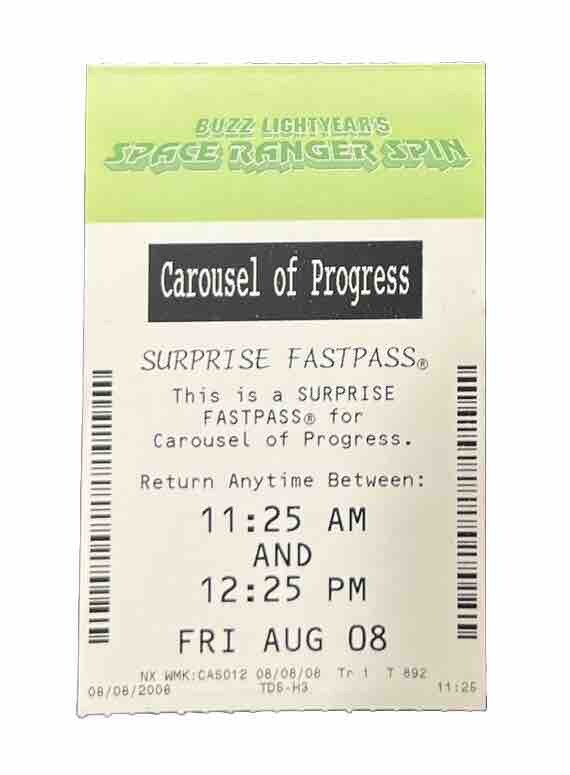 Disney Surprise Paper FastPass Buzz Lightyear Carousel of Progress Rare 2008
