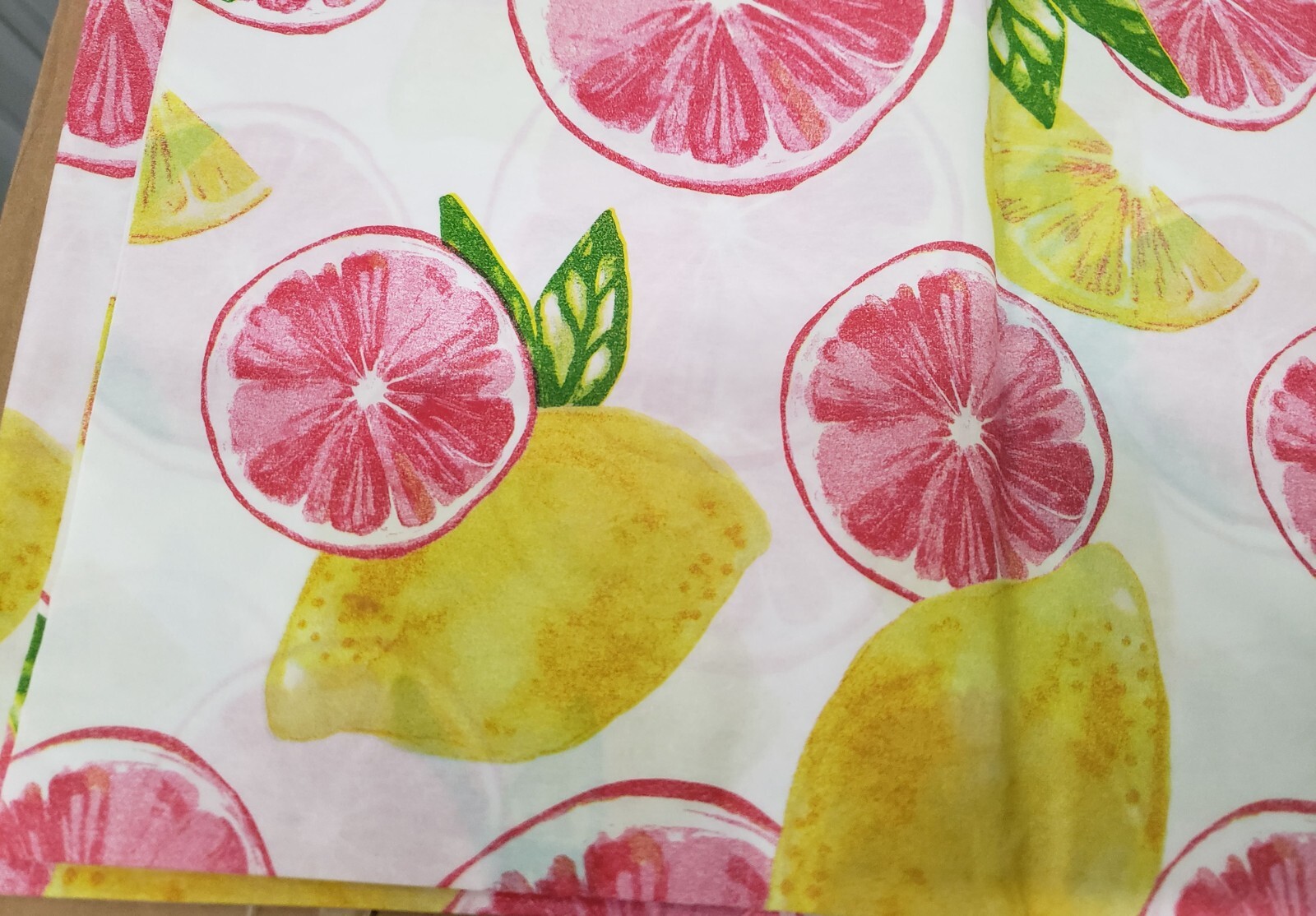 Thin Peva Vinyl Tablecloth 60″ Round (4-6 people) LEMONS, ORANGES & LEAVES, GR