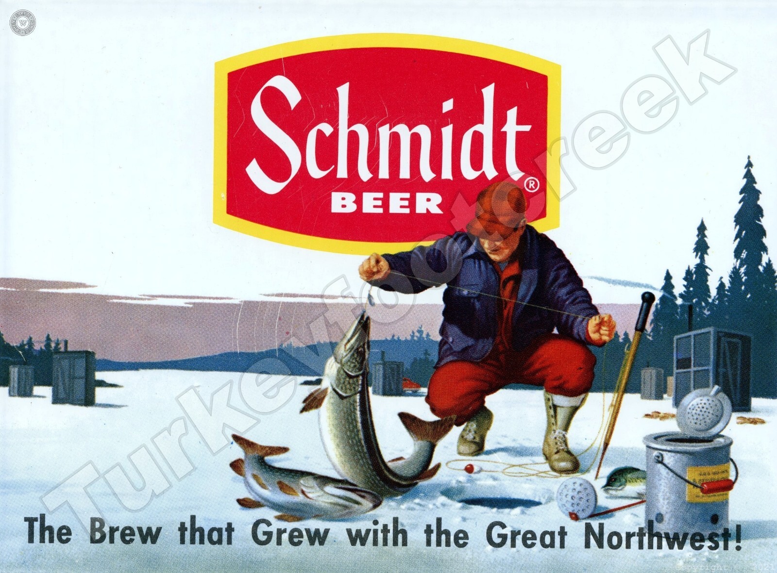 SCHMIDT BEER ICE FISHING SCENE 9″ x 12″ METAL SIGN