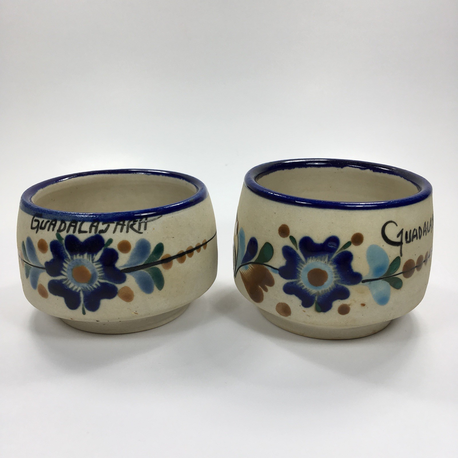 Pair Handmade Glazed Ceramic Cups Travel Souvenir of Guadalajara Mexico Pottery