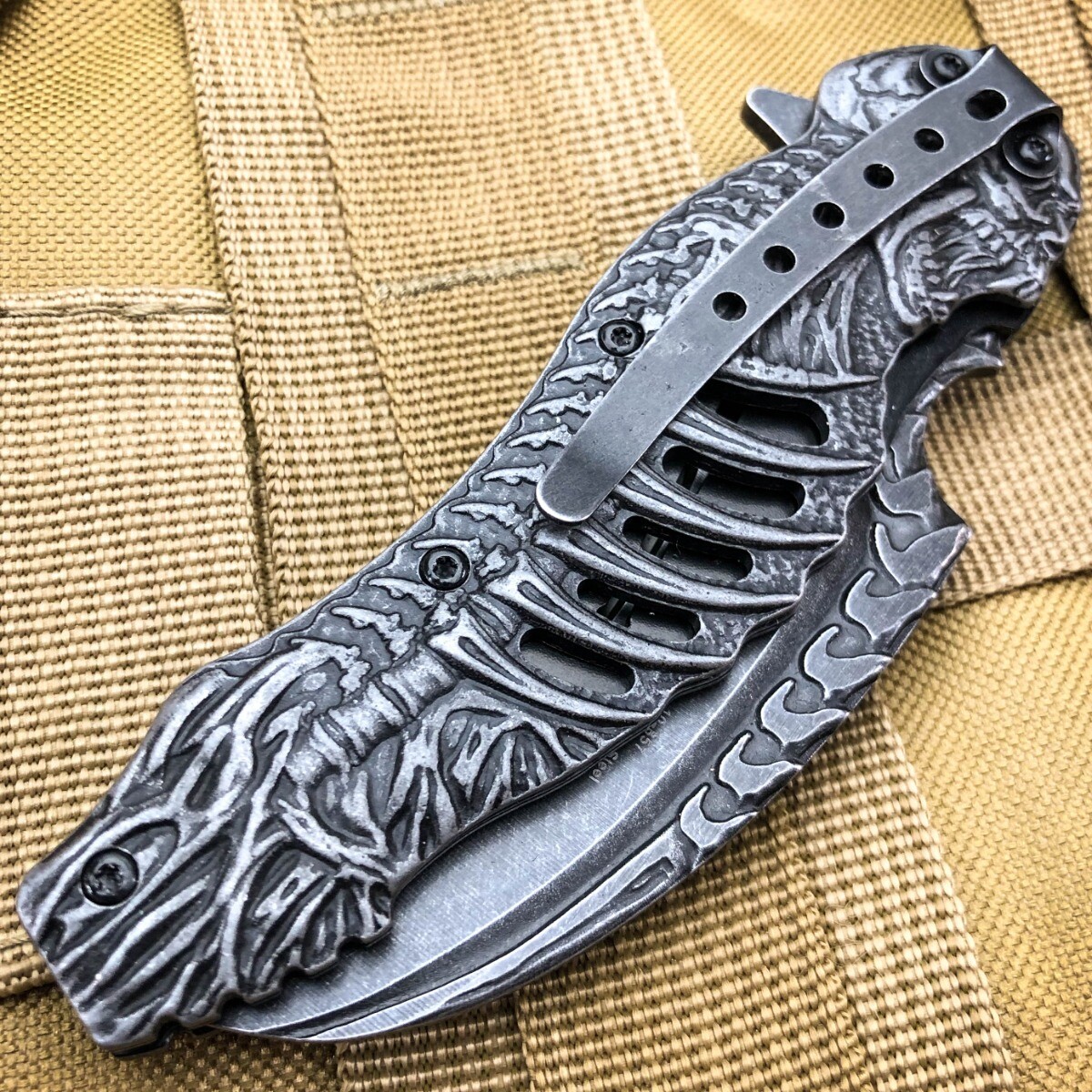 8.25″ Tactical Stonewash Grim Reaper Skull Skeleton Spring Assist Pocket Knife