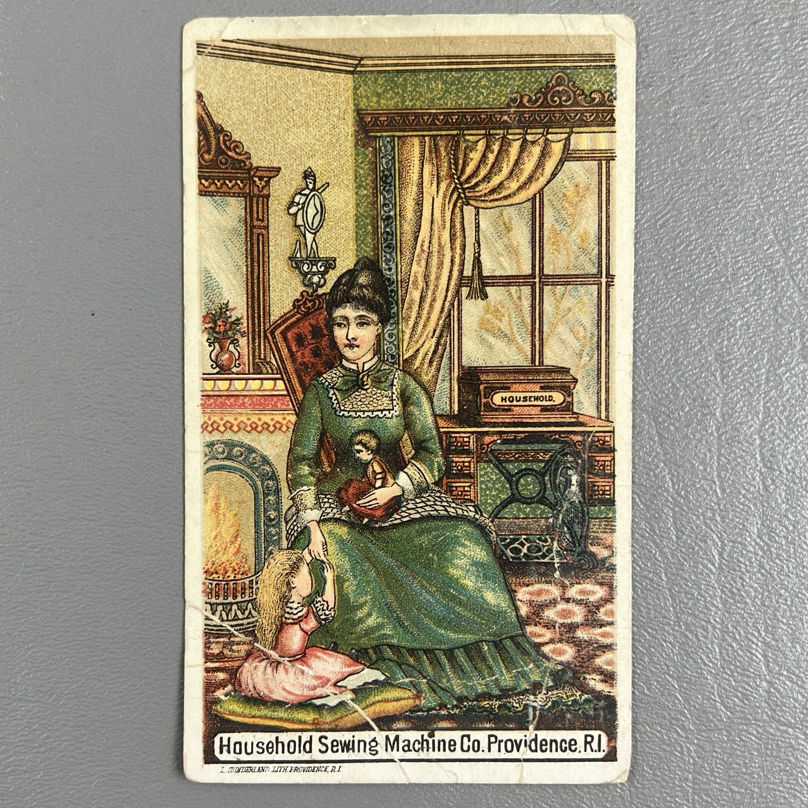 Household Sewing Machine Co. Victorian Trade Card Providence RI Mother Child Pla