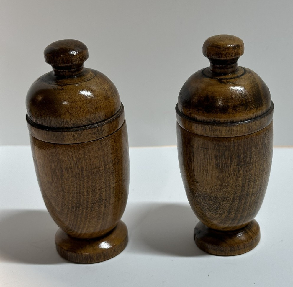 Beautiful Vintage TURNED WOOD URN Jar with Lid 4-inch set of 2